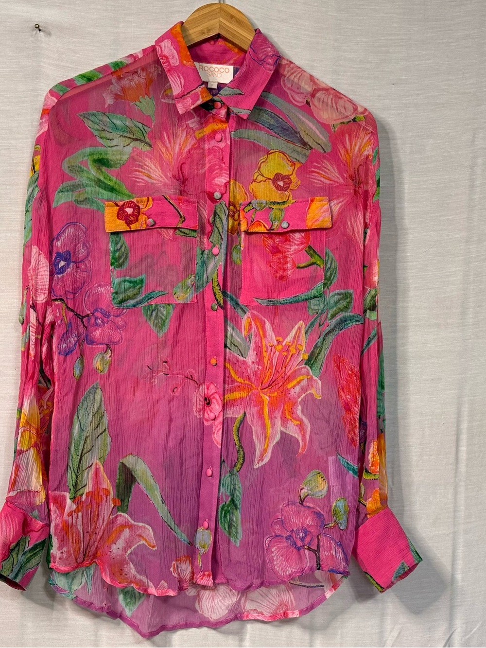 Rococo Sand Megan Button Up Shirt S Pink Orchid Lily Floral Chiffon